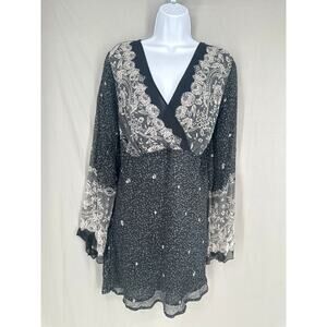 90s Vintage Top Womens XL Black Floral Silk Babydoll Fairy Grunge Whimsigoth